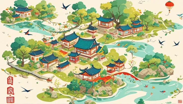 chinese style, chinese town， cute cartoon map, light colors, swallows, rivers, trees, ancient buildings, kite flyers