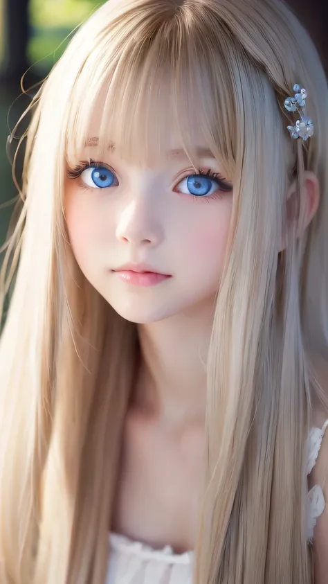 very beautiful, bright, large light blue eyes、very big eyes、super long, super beautiful, bright blonde hair、super long straight ...