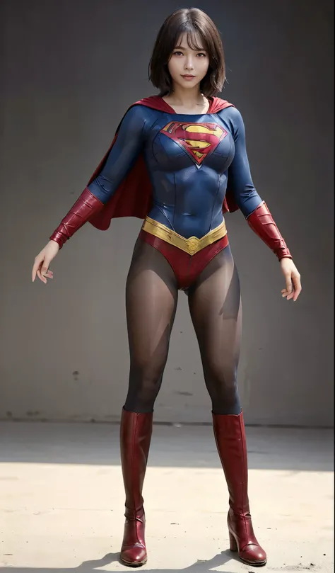 No background、(((Beautiful legs in black tights.)))、(((Legally express the beauty of your smile)))、((((Make the most of your original images)))、(((Supergirl Costume)))、(((beautiful short bob hair)))、(((suffering)))、(((Please wear black tights....、Wear red ...
