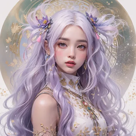 （（（Single eyelid）））Snow hoop exclusion area 32K（tmasterpiece，k hd，hyper HD，32K）Long flowing purple-pink hair，Autumn Pond，zydink， a color， Tongzhou people （Girl with glowing eyes）， （Thin silk scarf）， Side squat position， looking at the ground， long whitr ha...