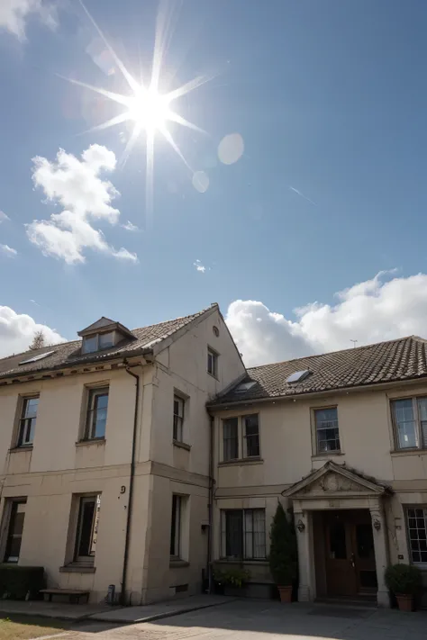 outdoors, sky, day, cloud, blue sky, no humans, sunlight, cloudy sky, building, scenery, lens flare, sun