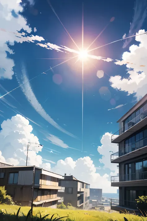 outdoors, sky, day, cloud, blue sky, no humans, sunlight, cloudy sky, building, scenery, lens flare, sun