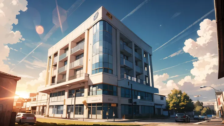 outdoors, sky, day, cloud, blue sky, no humans, sunlight, cloudy sky, building, scenery, lens flare, sun