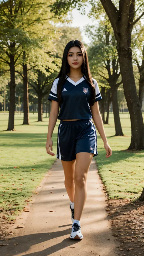 Beautiful Latin girl of 20 years old with black hair with brown eyes and long hair wearing sports clothing walking in a park sunny and clear day professional photo shoot