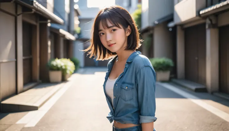 born,Beautiful and detailed cute teenage girl,Tokyo downtown alley, Clear and beautiful,((18-year-old)),((1 girl)),Instagram, ((smile)), ;is,flight_Drops of sweat,Viewfinder,Cowboy Shot,short hair, Messy Hair,From behind,Asymmetrical bangs, Pulling the hai...