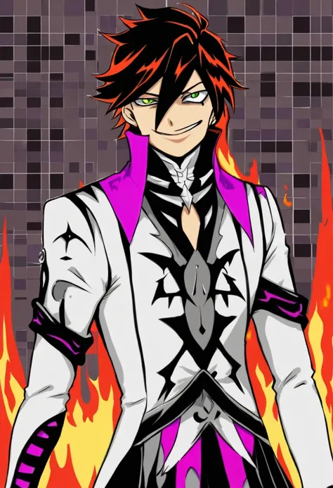 Joven rubio de cuerpo completo, with the expression of a smiling villain, viendo al frente, con fuego a su alrededor y usando ropa obscura.