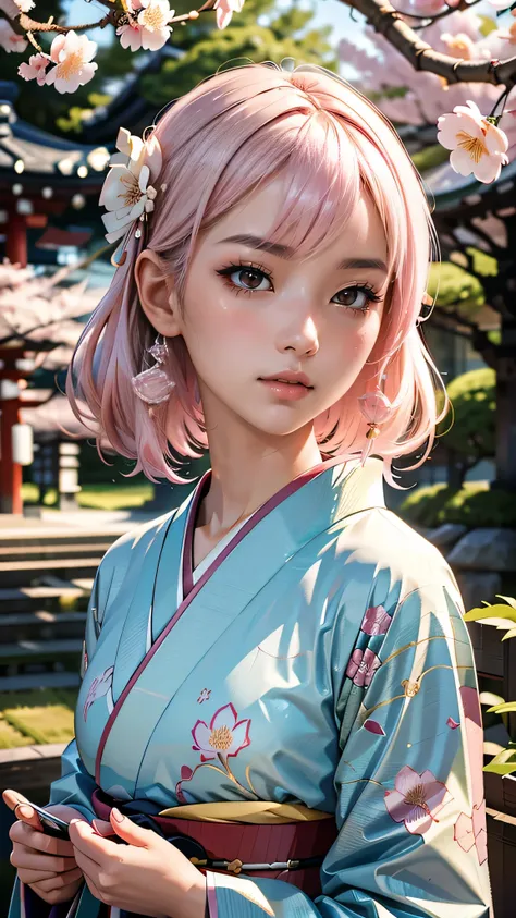 Surreal, Very detailed, High-resolution 16K images, Beautiful female ghost or guardian spirit. She has pale pink hair and clear skin., She is wearing a traditional Japanese kimono with a small cherry blossom pattern on the obi.。. This image captures the et...