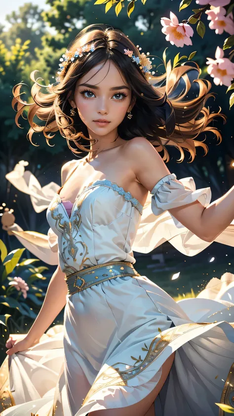 30 years old,Very detailed,Beautiful girl, , Playful and engaging. The girl&#39;s dress is delicate, Flowing fabric that seems to dance in the wind. The colors are soft pastels, Reminiscent of the wildflowers that surround her. The bodice fits snugly, Intr...