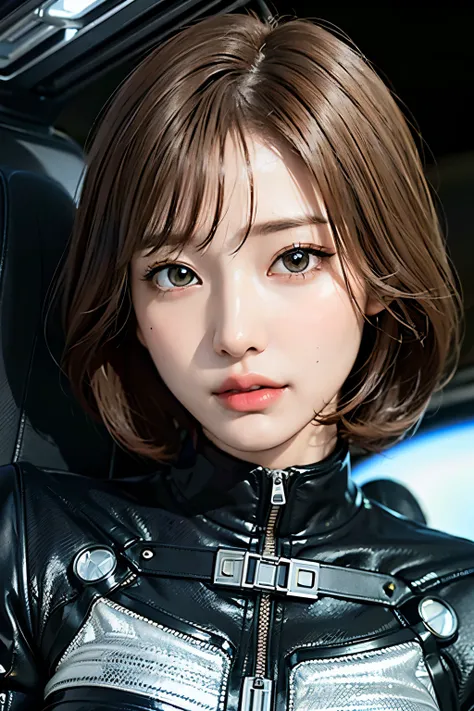 Ultra-high resolution、(Real:1.4)、Beautiful woman１、cyborg、Beautifully detailed eyes and skin、Light brown short hair、Bad mood、melancholy、Full space suit、Space Station、Spaceship、Sci-Fi Taste、Movie quality、