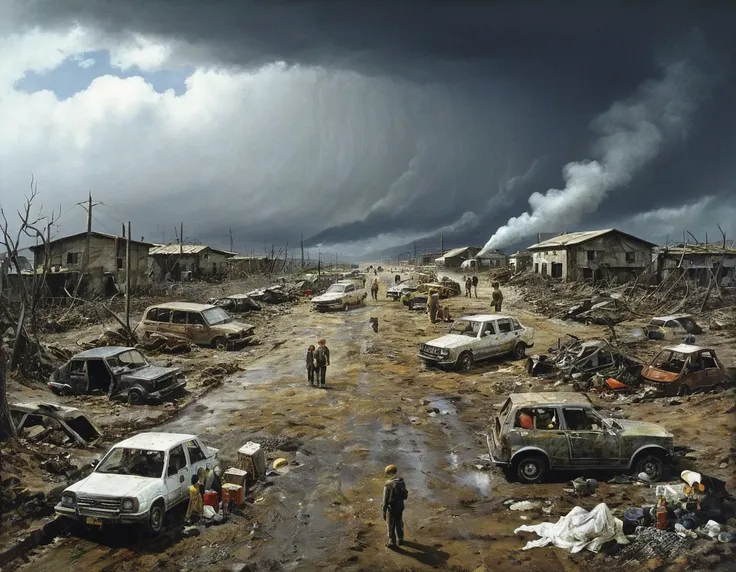 in style of Mark Lague,in style of Beeple,in style of Ian McQue,Latter-day rough soil,(The skinny disaster victims in ragged clothes with half their faces covered),(The dark sky is raining sulfuric acid:1.3)),(Sulfuric acid rain),The desolation and ruin af...