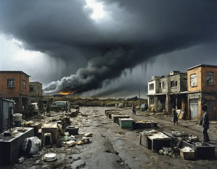 in style of Mark Lague,in style of Beeple,in style of Ian McQue,Latter-day rough soil,(The skinny disaster victims in ragged clothes with half their faces covered),(The dark sky is raining sulfuric acid:1.3)),(Sulfuric acid rain),The desolation and ruin af...