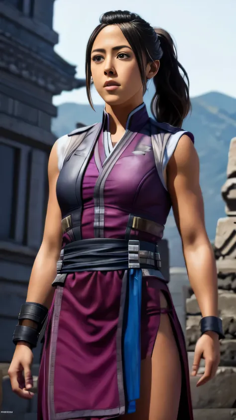 ((chloe bennet)) as limei from mortal kombat, form-fitting light pink ninja outfit, sash, wrist guards, intricate chinese cultur...