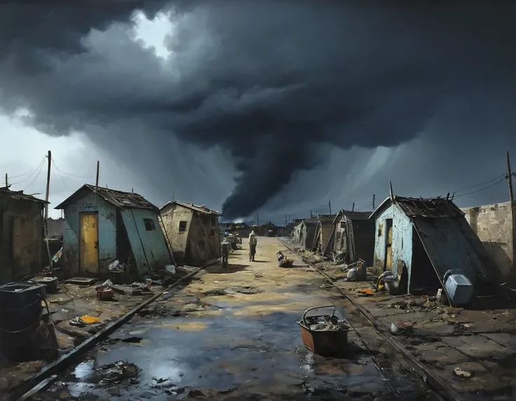 in style of Mark Lague,in style of Beeple,in style of Ian McQue,Latter-day rough soil,The dark sky is raining sulfuric acid,The desolation and ruin after the disaster,The living environment is extremely harsh,The sky is always gray,The air is full of harmf...