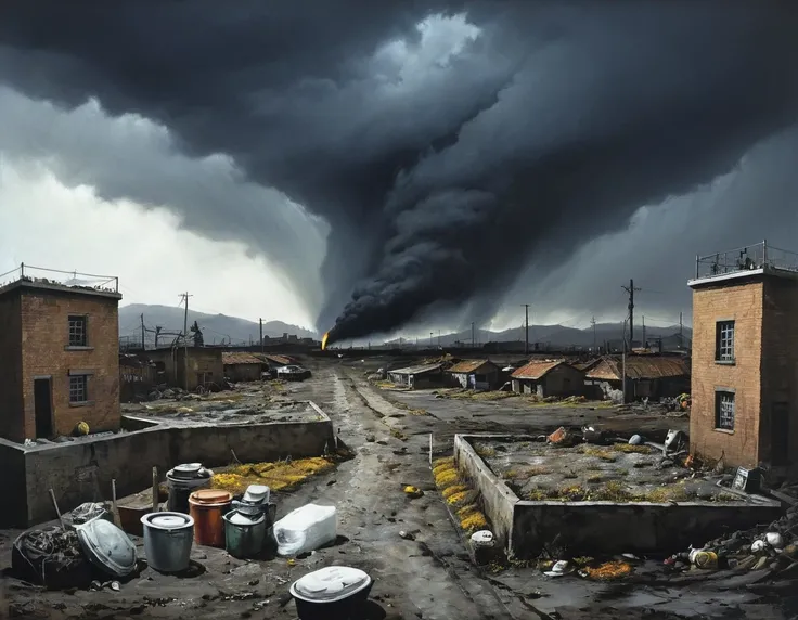 in style of Mark Lague,in style of Beeple,in style of Ian McQue,Latter-day rough soil,(The dark sky is raining sulfuric acid:1.1),The sudden disaster left the earth devastated and desolate.,The living environment is extremely harsh,The sky is always gray,T...