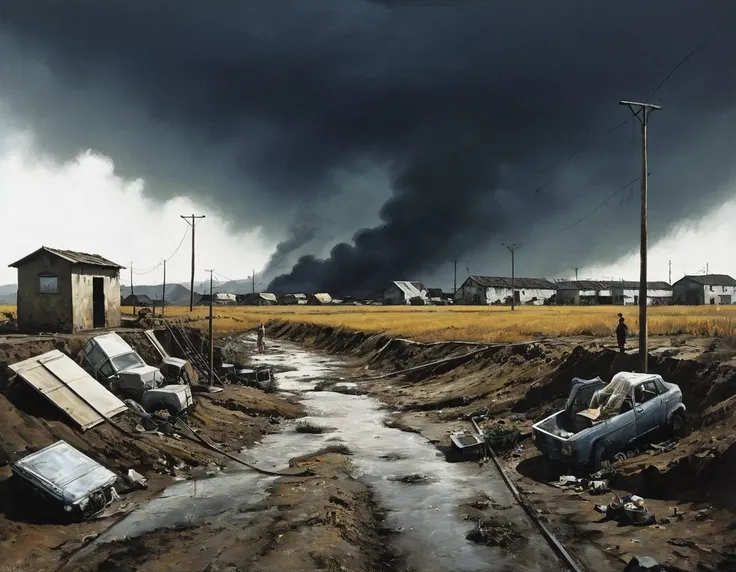 in style of Mark Lague,in style of Beeple,in style of Ian McQue,Latter-day rough soil,(The dark sky is raining sulfuric acid:1.1),The sudden disaster left the earth devastated and desolate.,The living environment is extremely harsh,The sky is always gray,T...