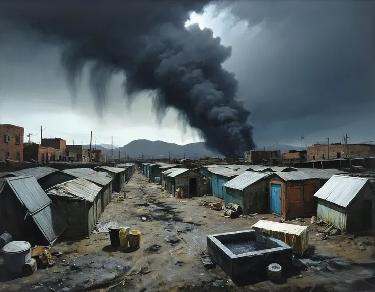 in style of Mark Lague,in style of Beeple,in style of Ian McQue,Latter-day rough soil,The dark sky is raining sulfuric acid,The desolation and ruin after the disaster,The living environment is extremely harsh,The sky is always gray,The air is full of harmf...
