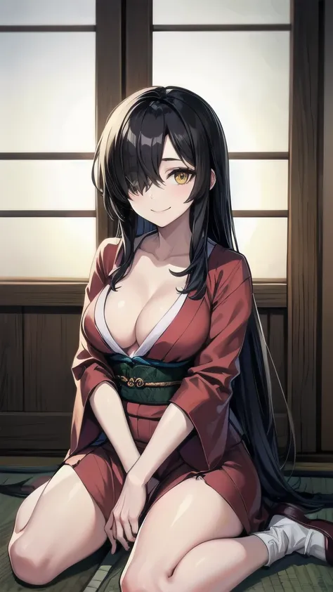 (masterpiece), best quality, expressive eye, perfect face, mature female, medium breasts, cleavage, long hair, (hair over one eye), very long hair, straight hair, black hair BREAK yellow eye BREAK Traditional japanese temple, shrine, indoors, daytime, sitt...