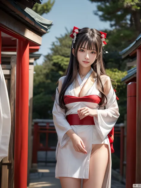 (In 8K，highest quality，masterpiece)，(Realistic，RAW Photos，Super Fine Clear)，Realistic Light，Detailed skin，Beautiful Japanese Woman，((25-year-old female, Beautiful Shrine Maiden:1.5))、Red Japanese traditional kimono with flowers, birds, wind and moon motif,...