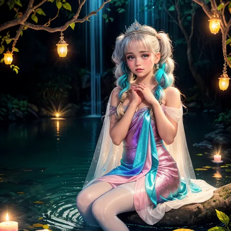  girl sitting on unicorn, draped fabric saddle, unicorn standing in shimmering water, girl with blond long curly hair with turquoise highlights, pigtails brown eyes, youthful face, pink sparkle sheer draped dress, soft pastel light, sad crying tears facial...