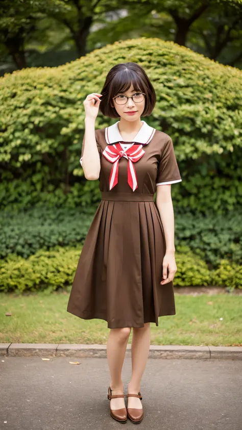 umiriyahata, looking at viewer, ,  hanasakigawa ,serafuku, brown dress