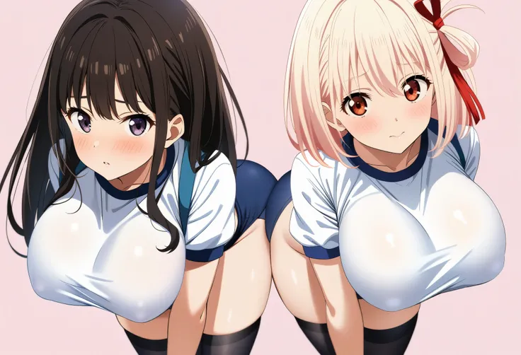 2girls, nishikigi chisato, inoue takina, lycoris recoil, couple, perfect anatomy, symmetry, from behind, all fours, navyblue buruma, fullback buruma, gym uniform, white t-shirts, thighhighs, huge breasts, big ass, looking at viewer, shy, blush, masterpiece...