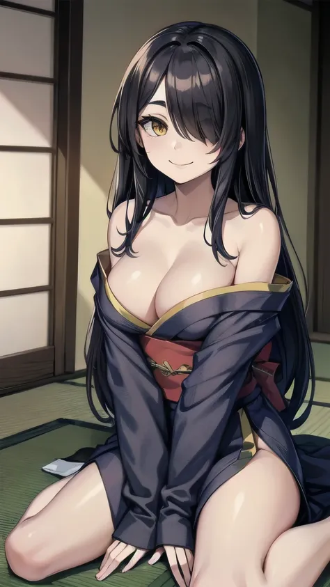 (masterpiece), best quality, expressive eye, perfect face, mature female, medium breasts, cleavage, long hair, (hair over one eye), very long hair, straight hair, black hair BREAK yellow eye BREAK Traditional japanese temple, shrine, indoors, daytime, sitt...