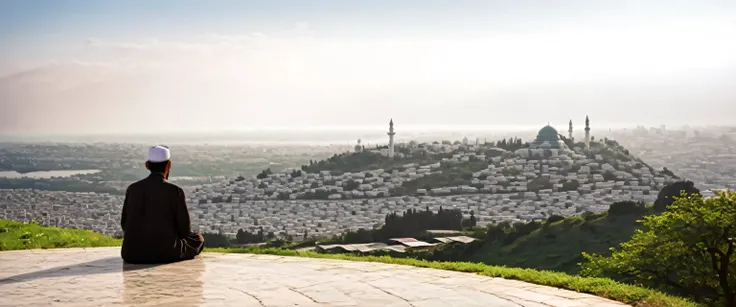 A Muslim man wearing a cap is contemplating sitting on a hill alone, looking at the view of the mosque below.