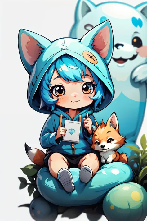 Chibi anime girl with a fox head, sitting cheerfully on a white background. Her light blue hair bounces playfully as she lets out a hearty laugh, holding a sticker in her hand. Wearing a detailed blue hoodie, she looks absolutely adorable in this 8K high-r...