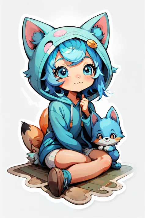 Chibi anime girl with light blue hair and a cheerful laugh, sits on a mat with a fox companion. She wears a blue hoodie and accessories her look with a cute sticker on her chest. Detailed expression of joy is depicted on her face. This adorable scene is pr...