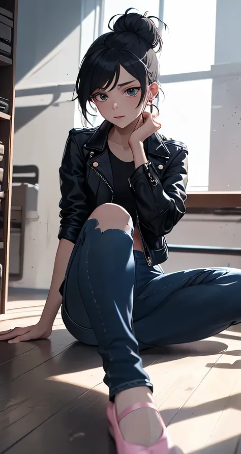 masterpiece, dance class scenario, 23 year old beautiful woman, ballet detail dance room background, solo, black fitted shirt, black leather jacket, blue denim pants, black raven hair in  a messy bun, she sitting on the floor putting on her pink ballet sho...