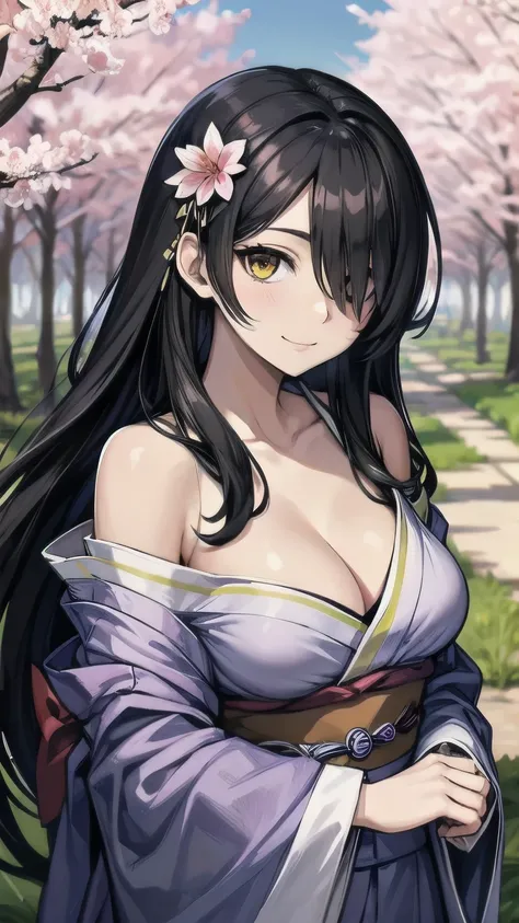 (masterpiece), best quality, expressive eye, perfect face, mature female, medium breasts, cleavage, long hair, (hair over one eye), very long hair, straight hair, black hair BREAK yellow eye BREAK ((Sakura forest, sakura blossom)), standing, light smile, c...