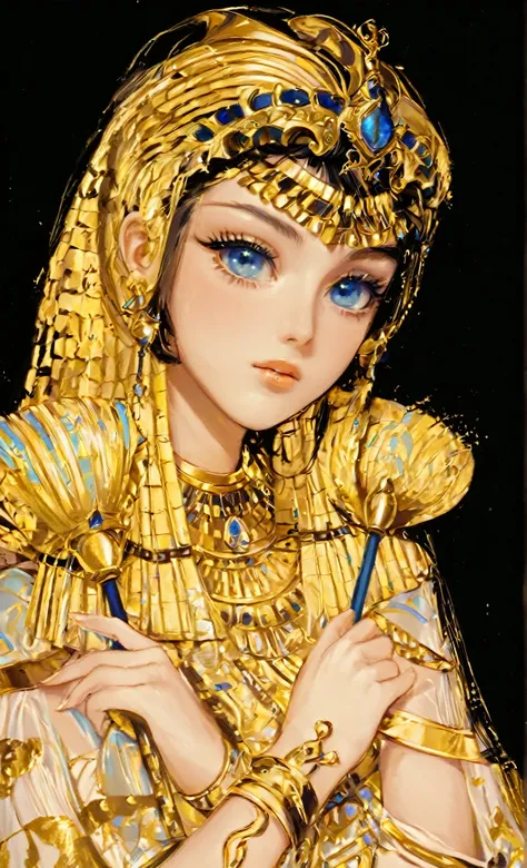 a man wearing a golden costume、close-up of a woman with blue eyes, cleopatra portrait, beautiful cleopatra, detailed digital ani...