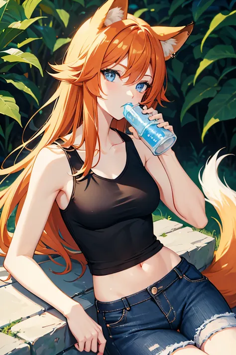 ginger, fox ears, blue eyes, black eyeshadow, lion tail, short jeans, white tanktop, drinking milk