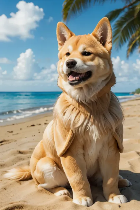 (Best quality, ultra-detailed, golden ratio, masterpiece: 1.1), Theatrical lighting: 0.3, Photo of a Shiba Inu, playful expression, sitting comfortably on a sandy beach in Hawaii, (Fluffy coat: 1.5), Sun-kissed fur, (Blue eyes shining: 1.2), Tongue out, en...