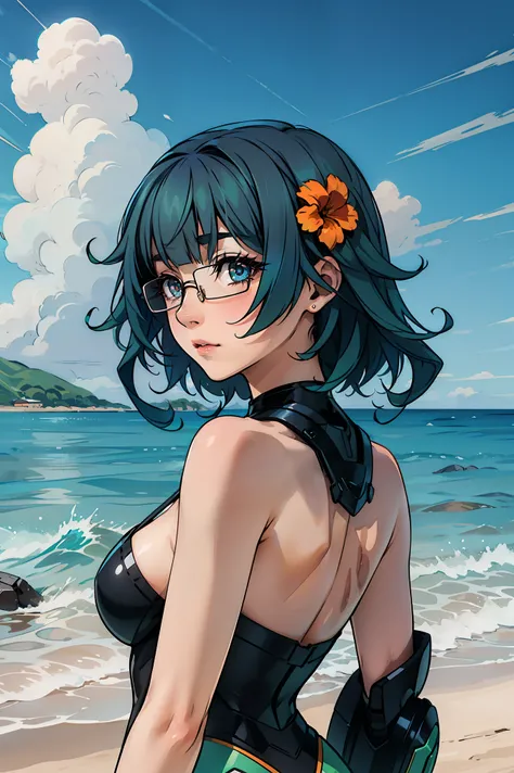 sarashiki kanzashi,1girl,solo,short hair,blue hair,red eyes,glasses,bangs,medium hair,
BREAK (dressed in a black and green mecha:1.2),
BREAK (outdoor,Blue sky,White cloud,beach,shore,seawater:1.2)
BREAK facing away, looking back, ((upper body)), standing,
...