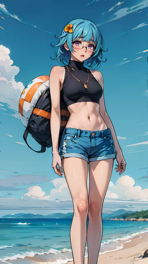 sarashiki kanzashi,1girl,solo,short hair,blue hair,red eyes,glasses,bangs,medium hair,
BREAK (midriff, navel, pendant,turtleneck, shorts, crop top:1.2),
BREAK (outdoor,Blue sky,White cloud,beach,shore,seawater:1.2)
BREAK rimjob, pussy, anus, licking top-do...