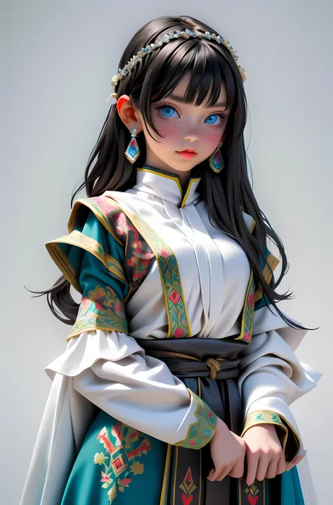 Super detailed, super realistic, 8k, master piece, beautiful Nordic young girl, 18 years old, highly detailed old folk costume, long straight black hair, Yakuts folk costume, beautiful crystal blue eyes, almond eyes, intricate textile decorated with colorf...