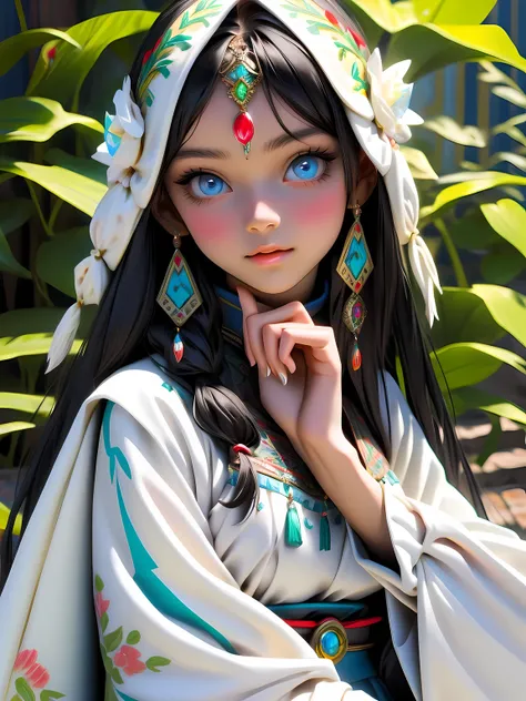 Super detailed, super realistic, 8k, master piece, beautiful Nordic young girl, 18 years old, highly detailed old folk costume, long straight black hair, Yakuts folk costume, beautiful crystal blue eyes, almond eyes, intricate textile decorated with colorf...