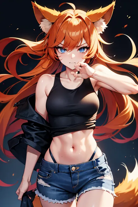 ginger, pointy fox ears down, blue eyes, black eyeshadow, lion tail, short jeans, white tanktop, hair layers, woman, fighting, bruises on body, waivy hair