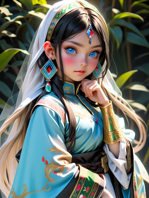 Super detailed, super realistic, 8k, master piece, beautiful Nordic young girl, 18 years old, highly detailed old folk costume, long straight black hair, Yakuts folk costume, beautiful crystal blue eyes, almond eyes, intricate textile decorated with colorf...