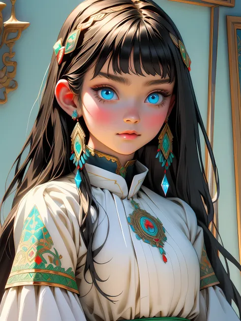 Super detailed, super realistic, 8k, master piece, beautiful Nordic young girl, 18 years old, wears old folk costume, long straight black hair, Yakuts folk costume, beautiful crystal blue eyes, almond eyes, intricate textile decorated with colorful and int...