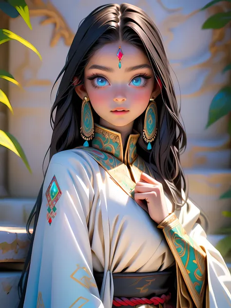 Super detailed, super realistic, 8k, master piece, beautiful Nordic young girl, 18 years old, wears old folk costume, long straight black hair, Yakuts folk costume, beautiful crystal blue eyes, almond eyes, intricate textile decorated with colorful and int...