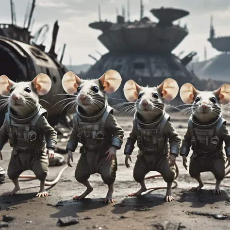 A group of small rat-like humanoids dressed in scavenged piecemeal outfits scavenge crashed space ships in an apocalyptic wasteland