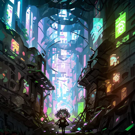 A girl wanders through strange ruins of buildings and glowing technology 