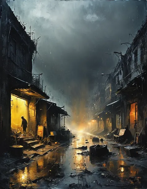 in style of Mark Lague，in style of Beeple，in style of Ian McQue，Latter-day rough soil，（The skinny disaster victims in ragged clothes with half their faces covered），（underwear rain：1.37），（The dark sky is raining sulfuric acid：1.3）），（Sulfuric acid rain），The ...