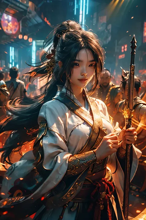 (RAW Photo, Best Quality), (Realistic, Photorealistic True: 1.3), Best Quality, Highly Detailed, Masterpiece, Hyper Detail, Illustration, 1 Girl, Smile, Black Hair, Yellow Clothes, Wield Two Daggers, upper_body, Dynamic Angle, World Mastery Theatre, Flying...