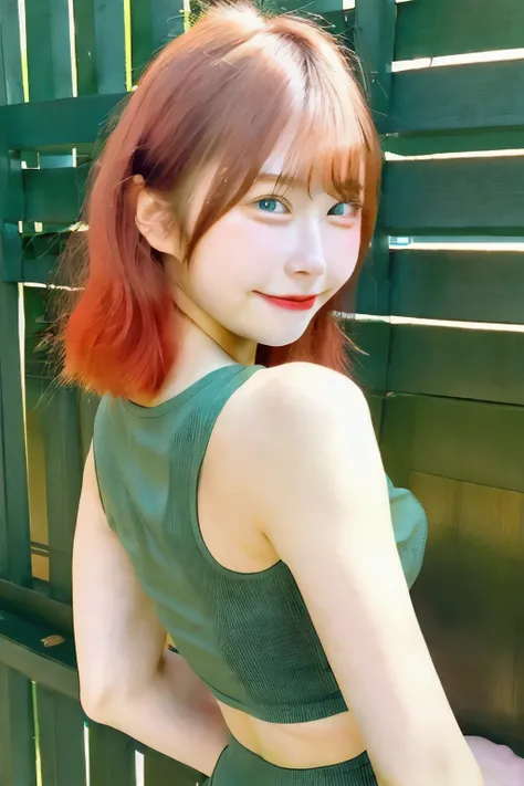 Japanese girl, 20 year old, tight shorts, croptop, big ass, frim breasts, no shirt, smile, green eyes, long red hair, 