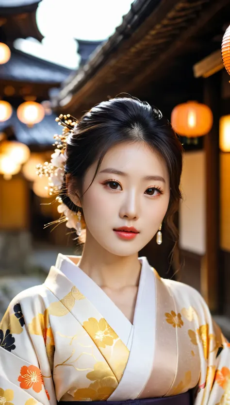 close-up of beautiful korean female, 34 inch breasts size, wearing Kimono black gold, walking in Kyoto, bokeh background, UHD