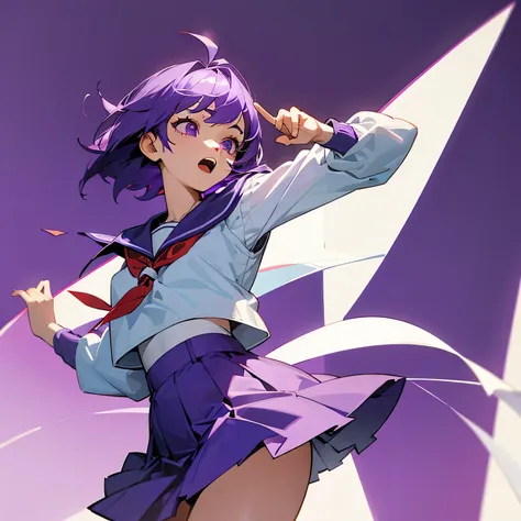 A 17-year-old female high school student with short purple hair and purple eyes, wearing a sailor suit and talking with her mouth open.