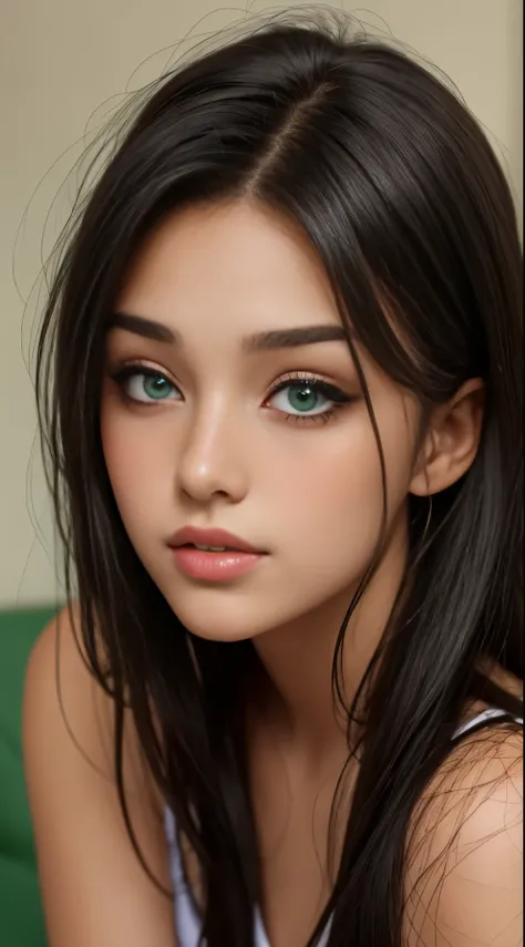 Beautiful 18 year old black haired girl with green eyes and long hair close up on face 